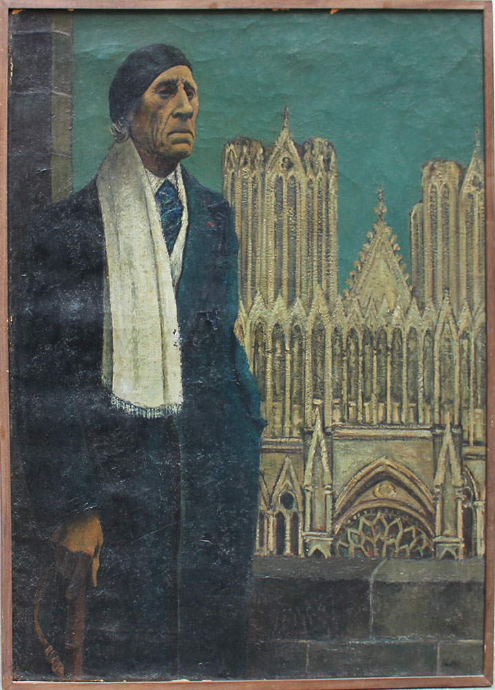 Symbolist School, Portrait of Paul Fort (1872 – 1960) in front of a Gothic church;  oil on canvas, signed bottom left and described on the reverse and dated 1956; framed. Litterature: Paul Fort (1872 – 1960) was a French poet associated with the Symbolist movement. He got the titel "Prince of Poets" in 1912.