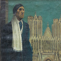 Symbolist School, Portrait of Paul Fort (1872 – 1960) in front of a Gothic church;  oil on canvas, signed bottom left and described on the reverse and dated 1956; framed. Litterature: Paul Fort (1872 – 1960) was a French poet associated with the Symbolist movement. He got the titel "Prince of Poets" in 1912.