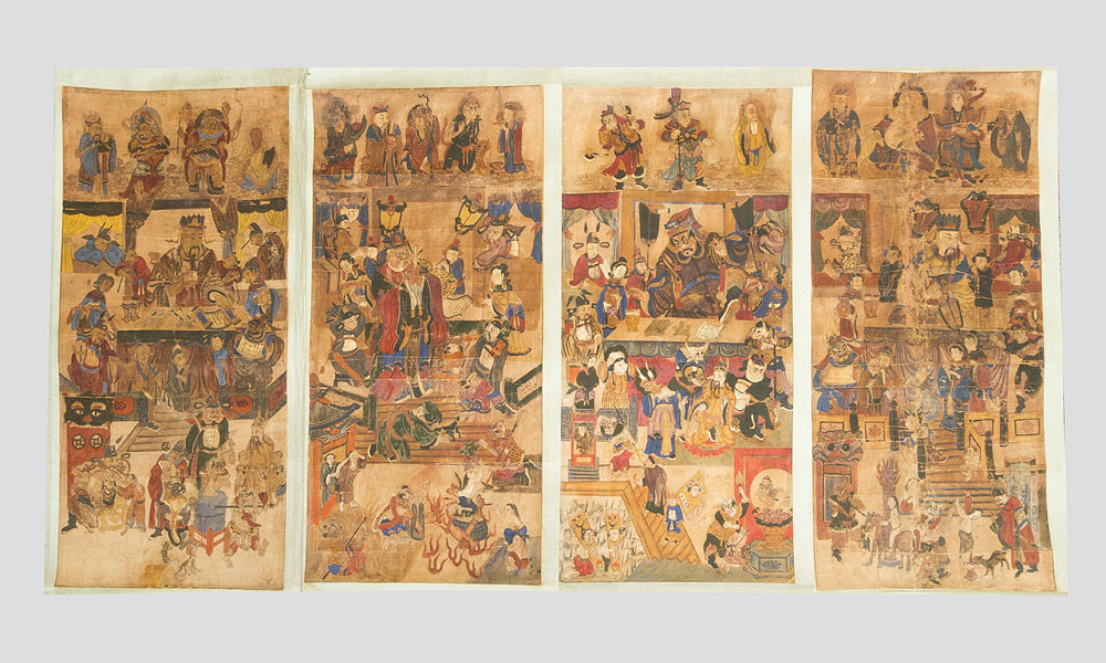 A collection of 12 painted Court or Judge scenes, watercollour on paper laid dawn on Textile,   Ming Dynasty  each 135x60 cm, Part 3 of 3